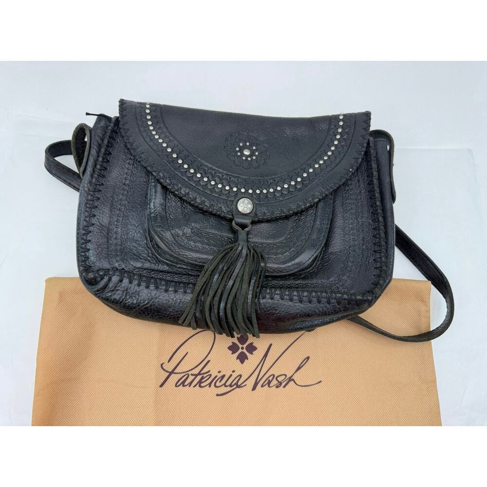 Patricia Nash Beaumont Black Tooled Leather Crossbody‎ Bag Tassel Boho Western